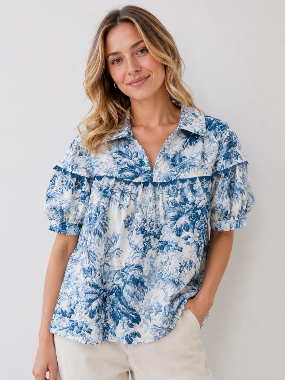 Whimsical Blue Toile Ruffle Collar Puff Sleeve Top Size L